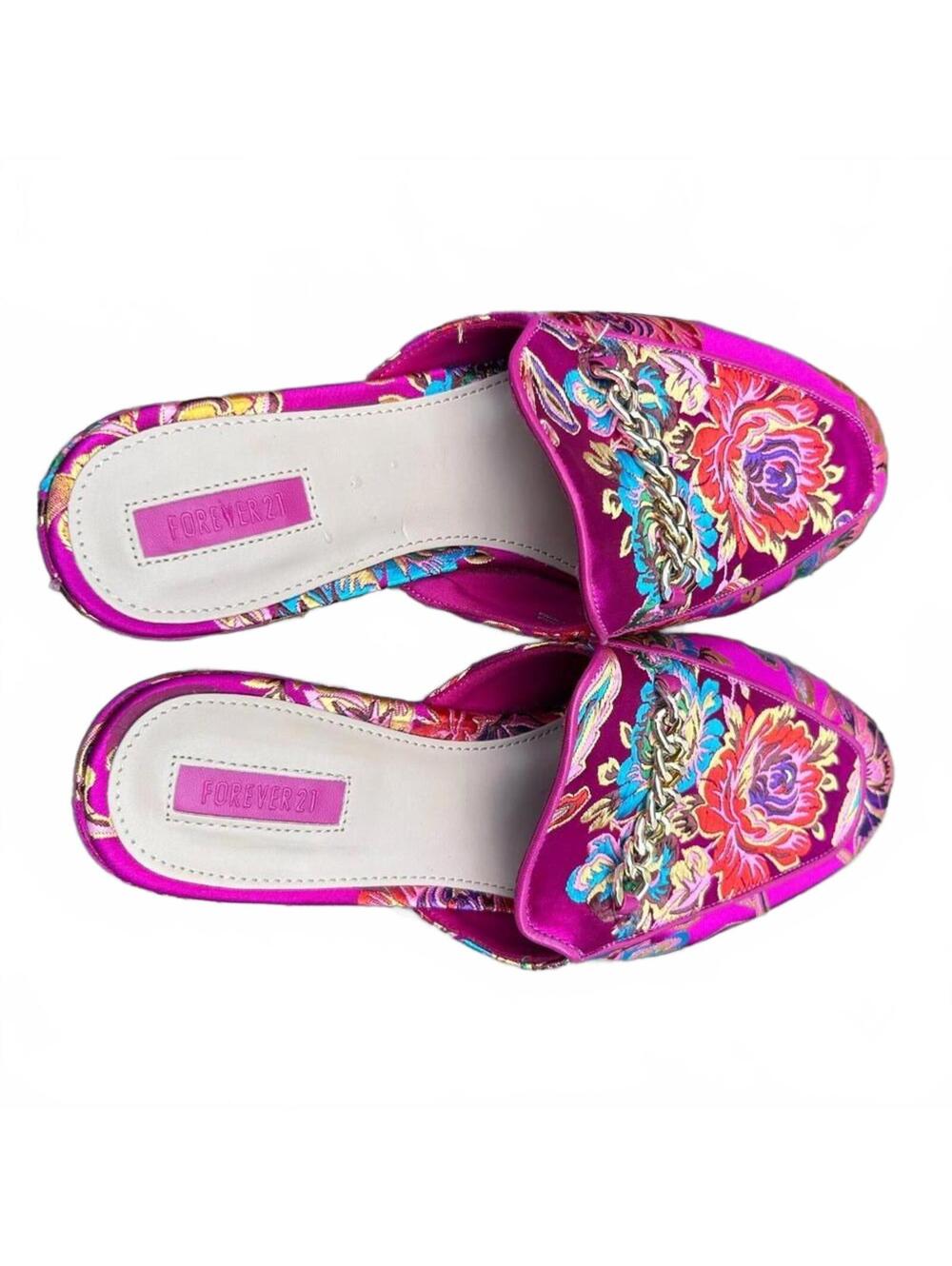 Asian Inspired Satin Brocade Forever 21 Slip-On Floral Loafer Mules | Size 8